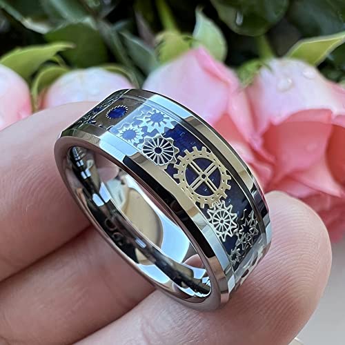 Tutiss 8Mm Blue Carbon Fiber Steampunk Gear Inlay Tungsten Carbide Rings For Men Women Wedding Bands Beveled Edges I Love You Engraved Comfort Fit Size 9 #TOP2