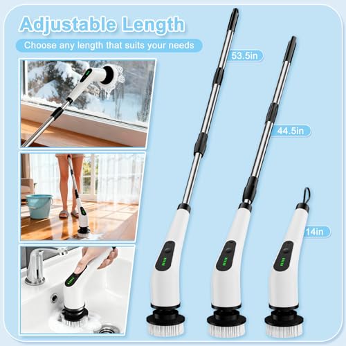 Image of Electric Spin Scrubber, Cordless Cleaning Brush with 8 Replaceable Brush Heads, Shower Scrubber with Adjustable Extension Handle, Waterproof Power Scrubber for Bathroom Tile Floor Tub Car Walls