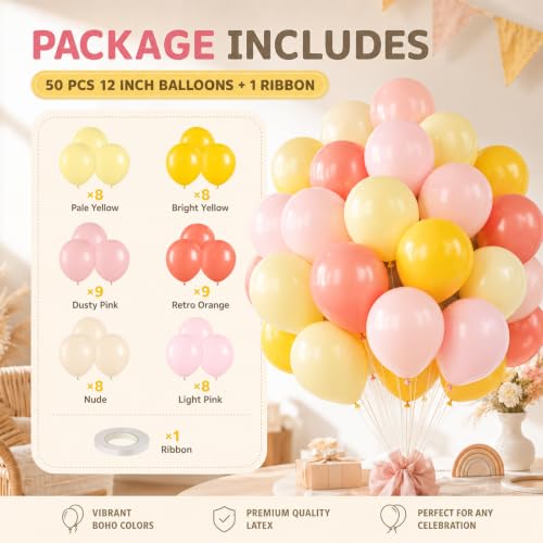 Image of Pink and Yellow Balloon,50PCS 12 Inch Boho Pink Balloons Retro Orange Pastel Pink Yellow Nude Ballons for Girls Birthday Autumn Baby Shower Wedding Engagement Flower Fall Party Decorations