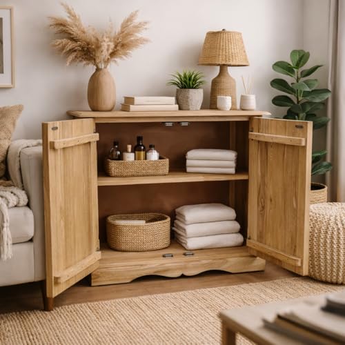 Image of The Attic Jodhpur Large Sideboard Cabinet for Kitchen and Living Room Storage in Solid Wood with Natural and White Matte Finish