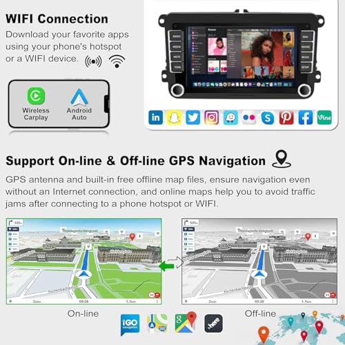 (4G RAM 64G ROM) Car Radio for VW Passat MK5 MK6 Jetta Golf tiguan, Android 13 7 Inch 5G WiFi Volkswagen Stereo Support Carplay/Android Auto,GPS Navigation with Bluetooth,Backup Camera,SWC/FM Radio by Adapter-Universe - Used condition - Image 4