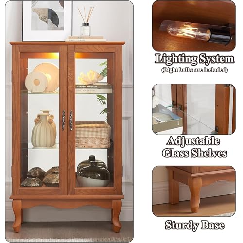 Image of 43 inch H Lighted Curio Cabinet Display Case with Light Bulb, Glass Curio Cabinet with Adjustable Shelves & Tempered Glass Door, Wooden Cabinets w /Mirrored Back Pane for Living Room(Oak)