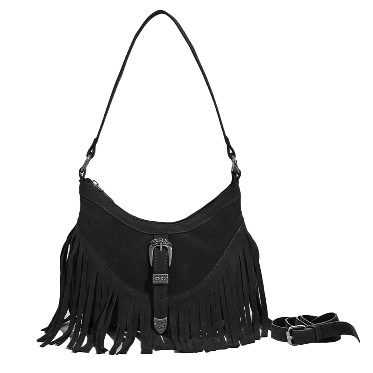 Sunwel Fashion Women Western Small Fringe Underarm Purse Shoulder Bag Vegan Suede Hippie Crossbody Bag with Tassel (black)