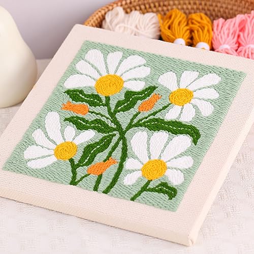 Image of Embroidery Punch Needle kit Frame, Embroidery Starter Kits for Beginner Kids,Punch Needle Fabric with Pattern,Threader, Yarns,Embroidery Hoops & Rug Punch(Green)