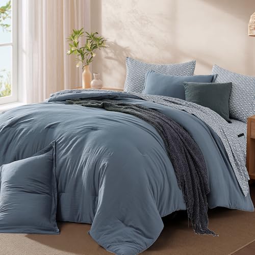 Image of Monbix Full Size Comforter Sets-7 Pieces Soft Bed in a Bag Full Bedding Set | All Season Oxford Blue Prewashed Comforter Bed Set with Striped Sheets, Pillowcases & Shams
