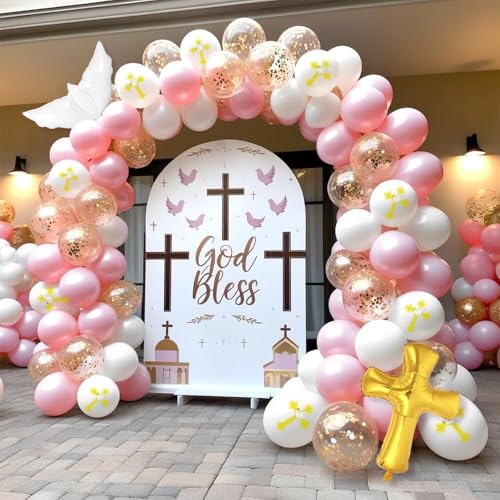 Image of 132Pcs God Bless Baptism Pink Balloon Garland Arch Kit First Holy Communion Decoration Christian Religious Decor Cross Dove Balloon Girl Mi Bautizo Christening Birthday Baby Shower Party Supplie