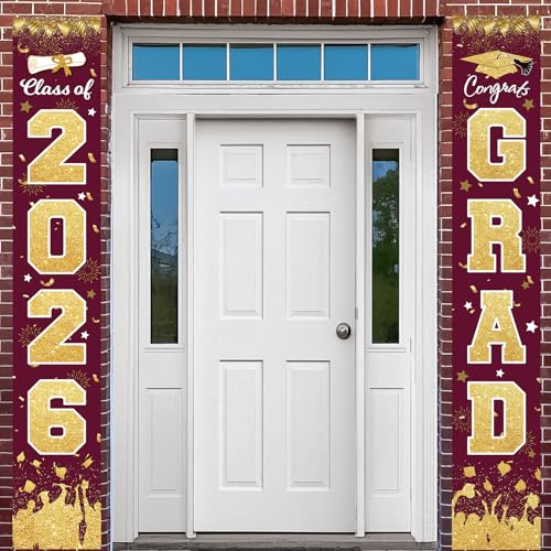 Image of 2026 Graduation Party Decorations - Maroon Gold Class of 2026 Congrats Grad Porch Sign Banner Hanging Flag Graduation Party Supplies for School College Classroom Decor