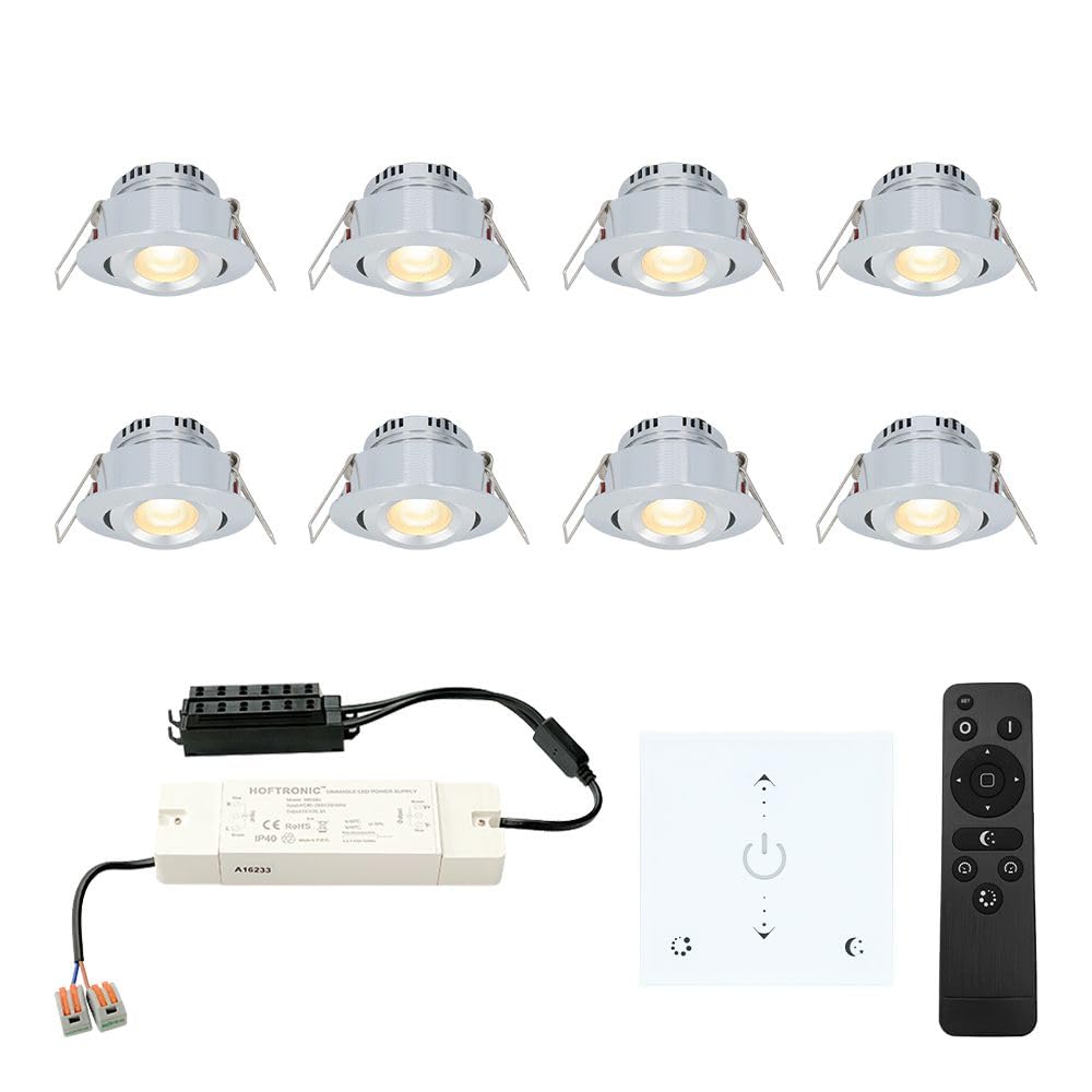 HOFTRONIC - Mini LED Einbaustrahler Set Granada 8er set Schwenkbar IP44 Inkl. Touch Wand-Dimmer & Fernbedienung 2700K Warmweiß LED Deckenstrahler schwenkbar ideal für Terrassendach, Bad, Dusche