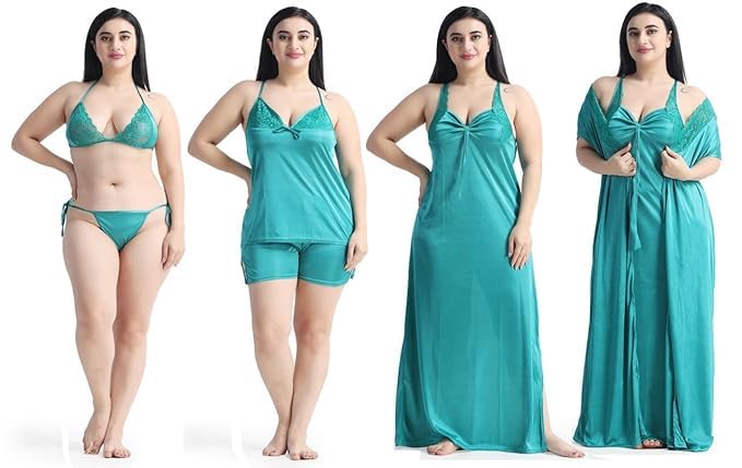 Image of Satin 6 Piece Nightwear Set, Coral Pink Lace Trim Sleepwear with Robe, Nighty, Top, Shorts, Lingerie Set for Women, Summer Collection-Mehndi Green.