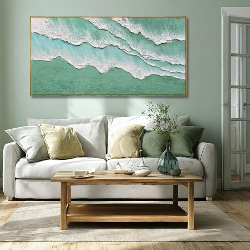 Image of Abstract Wall Art Minimalism Green White Canvas Wall Decor Framed Artwork Modern Home Wave Pictures for Living Room Bedroom Office 24 inchx48 inch