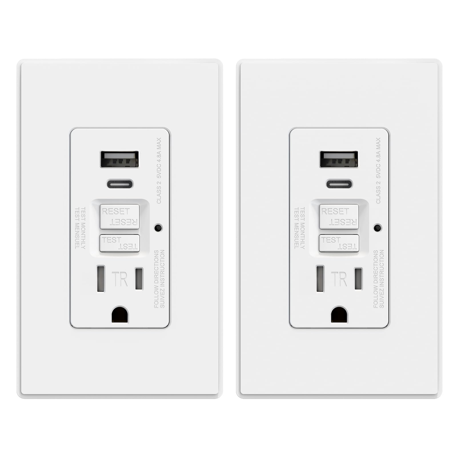 AIDA GFCI Outlet with USB Ports Type-A C 15 Amp Tamper-Resistant USB Charging Outlet 24W Max Output Self-Test