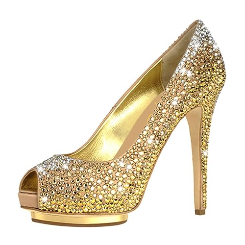 XYD Women Plated Platform High Heels Pumps Peep Toe Fancy Crystals Rhinestones Stilettos Gorgeous Evening Shoes