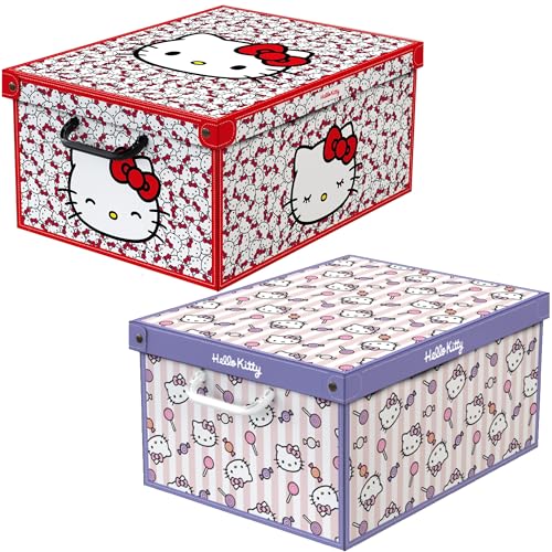 Lavatelli – Lot de 2 boîtes de rangement Hello Kitty rigides 50×39×24 cm – Coffres en carton décorés pour vêtements, jouets, literie –...