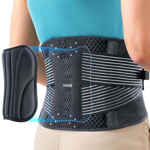 Rakiie Back Brace for Lower Back Pain Relief, Lightweight Back Support Brace for Men Women, Breathable Lumbar Support Pad, for Herniated Disc, Sciatica Scoliosis, Gray Size M