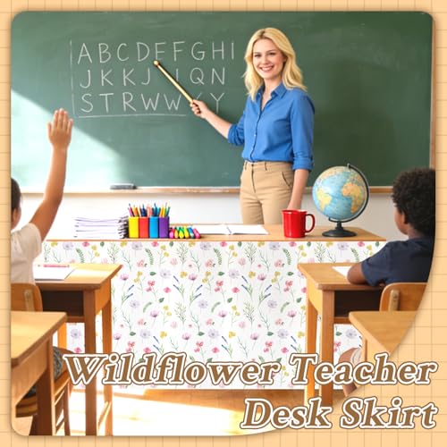 Image of 9FT Wildflower Table Skirt Floral Teacher Desk Skirt Colorful Classroom Table Cover for Back to School Decor Rectangle Tablecloth for Farm Birthday Party Decorations Home Office Bookcase Cabinet