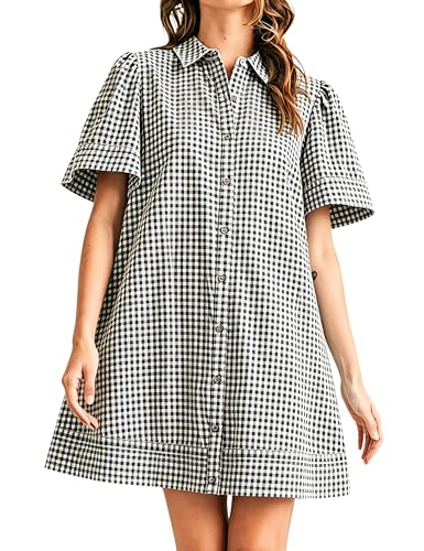 Image of Womens Short Sleeve Button Down Mini Shirt Dress Lapel Collar Short Dresses with Pocket