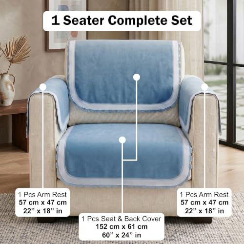 Image of Story@Home Sofa Mat Velvet Sofa Cover 1 Seater (152x61Cm) with Arm Rest Covers | Anti Slip Sofa Cover Velvet for Living Room | Measure Your Sofa & Create Your Own Custom Set - Ombre Shades of Blue