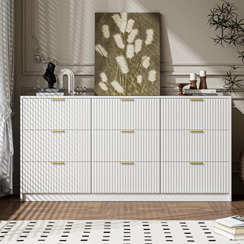 Image of MAISONARIA White 9 Drawer Dresser for Bedroom, 63 inch Wide Modern Fluted Dresser with Gold Metal Handles, Chest of Drawers for Bedroom, Living Room, Entryway, Hallway