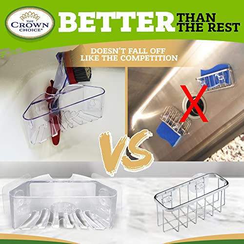 The Crown Choice Kitchen Sponge and Brush Holder – Space Saving Corner Sink Caddy - Sponge Holder Plastic, Adhesive, Rust Proof and Water Proof – Kitchen Holder Sponges, Scrubbers, Soap