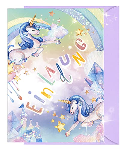 KOKO&LORA® 10x GLITZER Einladungskarten Kindergeburtstag | Magisches Einhorn mit passenden Umschlägen | Mädchen & Jungen | Einladung Geburtstag Kinder Pferde Geburtstagseinladung Einladungen Cover
