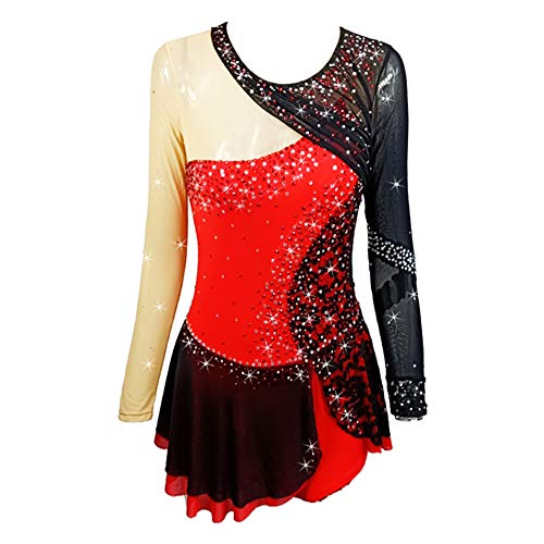 Ice Skating Dress Red Black Stitching Performance wear Teens Long Sleeves Figure Skating Dress for Competition