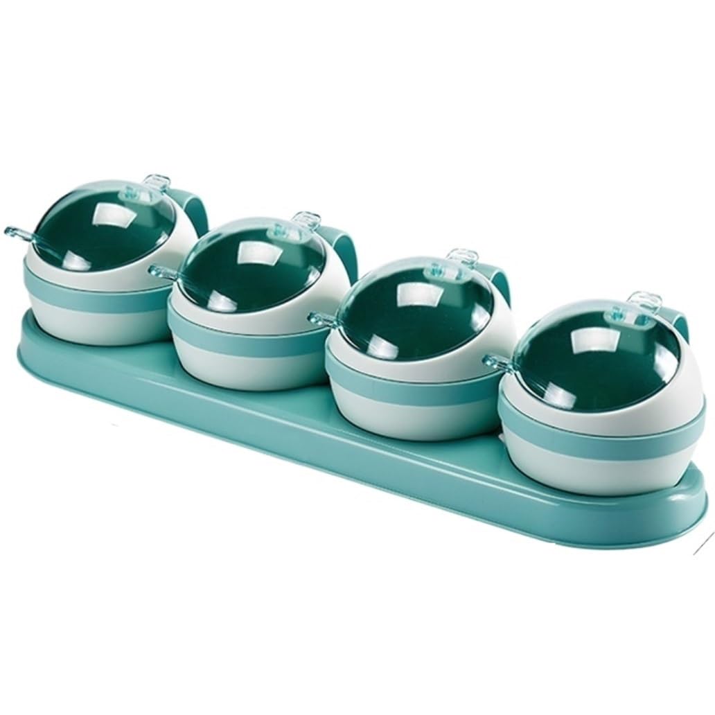 SAeWare Set di contenitori per condimenti in plastica per spezie da cucina con coperchio a cucchiaio, contenitore per condimenti per cucina e bancone, blu, 4 pezzi