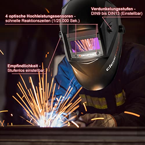 ARCCAPTAIN Schweißhelm Automatik, Schweißmaske Automatischer Verdunkelung für TIG MIG ARC, 1/1/1/1 Top Optische Klarheit, Ultra-Leicht Schweißhelm mit einstellbarem Schatten - Image 5