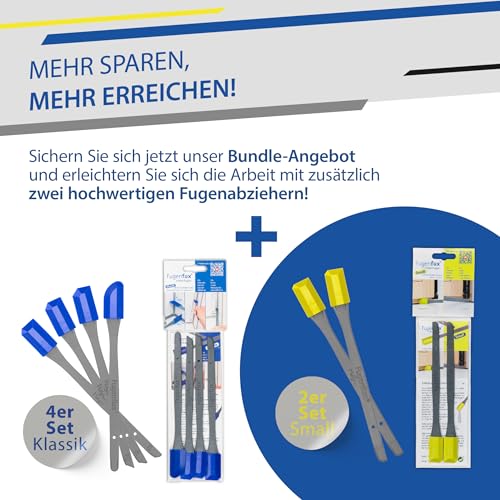 FUGENFUX® Kombi Meister-Set: Klassik 4er + Small – Spezial-Fugenabzieher – Fugenglätter für jede Größe – Fugenabzieher mit Revolutionärer Zauber-Spitze für Extrem Enge Stelle – Made in Germany