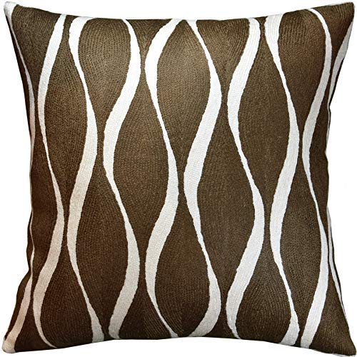 Kashmir Designs Brauner zeitgenössischer Kissenbezug | geometrisches Muster abstrakte Wurfkissen moderne Outdoor-Kissen modernes Landhaus-Stuhlkissen handbestickte Wolle Größe - 45,7 x cm Cover