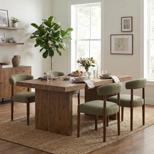 VKNOW Wooden Dining Chairs Set of 4 Modern Upholstered Dining Room Chairs with Walnut Wood Legs and Curved Backrest Fabric Kitchen Chairs for Farmhouse/Living Room/Dining Room Green