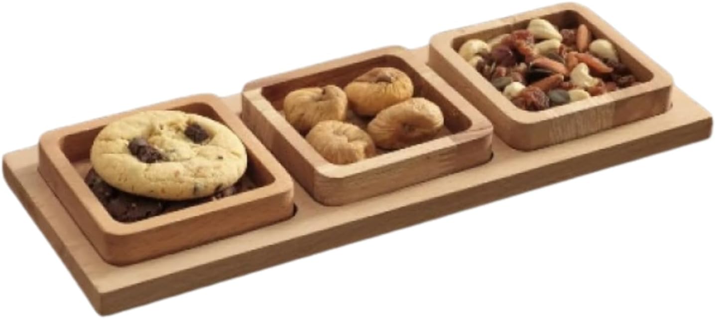 3-Piece Wooden Presentation Set   3 Square Bowls and 1 Long Presentation Board   Stylish and Natural Snack Serving Set for Tea Time and Breakfast Presentations