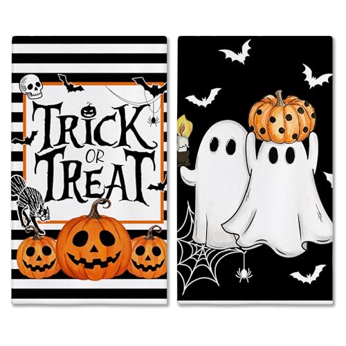 Image of Hexagram Halloween Kitchen Towels, Black Halloween Hand Towels for Bathroom | Ghost Decor, Pumpkin Decor, Stripe Dish Towel, Set of 2, Trick or Treat Decorations, 18x28 Inch, Autumn Gifts