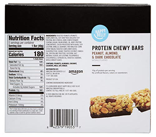 Image of Amazon Brand - Happy Belly Protein Chewy Bars, Peanut, Almond & Dark Chocolate, 5 Count (Pack of 2)