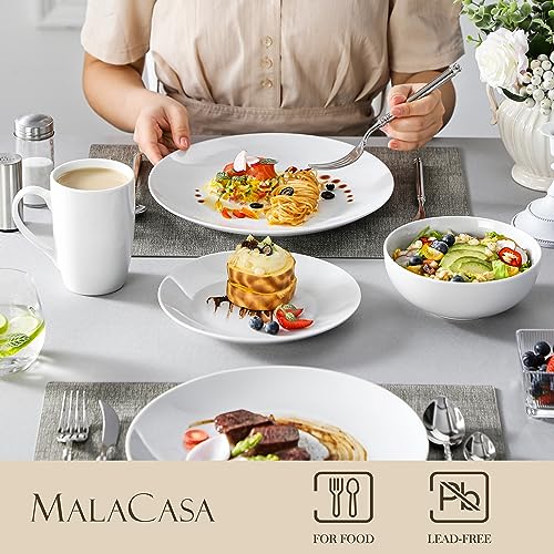 Image of MALACASA 16-Piece Gourmet Porcelain Dinnerware Sets, Modern White Round Dish Set for 4 - Premium Serving Plates and Bowls Sets for Dessert, Salad, Soup, Pasta - Series AMELIA