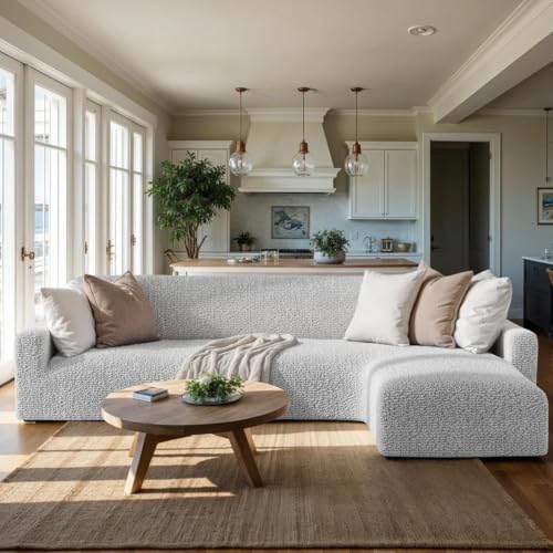 Image of Bellissima Sofa Covers - Premium Luxury Microfibra Plain Stretchable L Shape Right Sofa Cover Fully Covered Slipcover, Imported from Italy (Pearl)