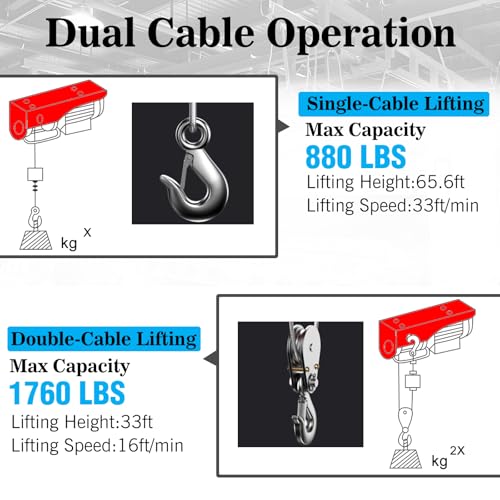 1760 lbs Electric Hoist with Remote Control,Wireless/Wired Electric Hoist 2 in 1,110V Single/Double Slings Steel Lift Hoist Winch for Garage Warehouse Factory