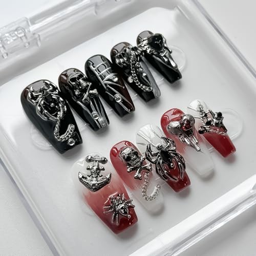 Luxury Halloween Press on Nails Medium Coffin Handmade 3D Unique Reusable ABS Material Fake Nails Gothic False Nails with Designs Spider Skull Charms Glossy Glue on Nail Thick Acrylic Nail(S)