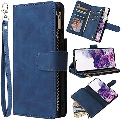 ZZXX Samsung Galaxy S21 Wallet Case with Card Slot Premium Soft PU Leather Zipper Flip Folio Wallet with Wrist Strap Kickstand Protective for Samsung Galaxy S21 Case(Blue 6.2 inch)