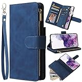 ZZXX Samsung Galaxy S21 Wallet Case with Card Slot Premium Soft PU Leather Zipper Flip Folio Wallet with Wrist Strap Kickstand Protective for Samsung Galaxy S21 Case(Blue 6.2 inch)