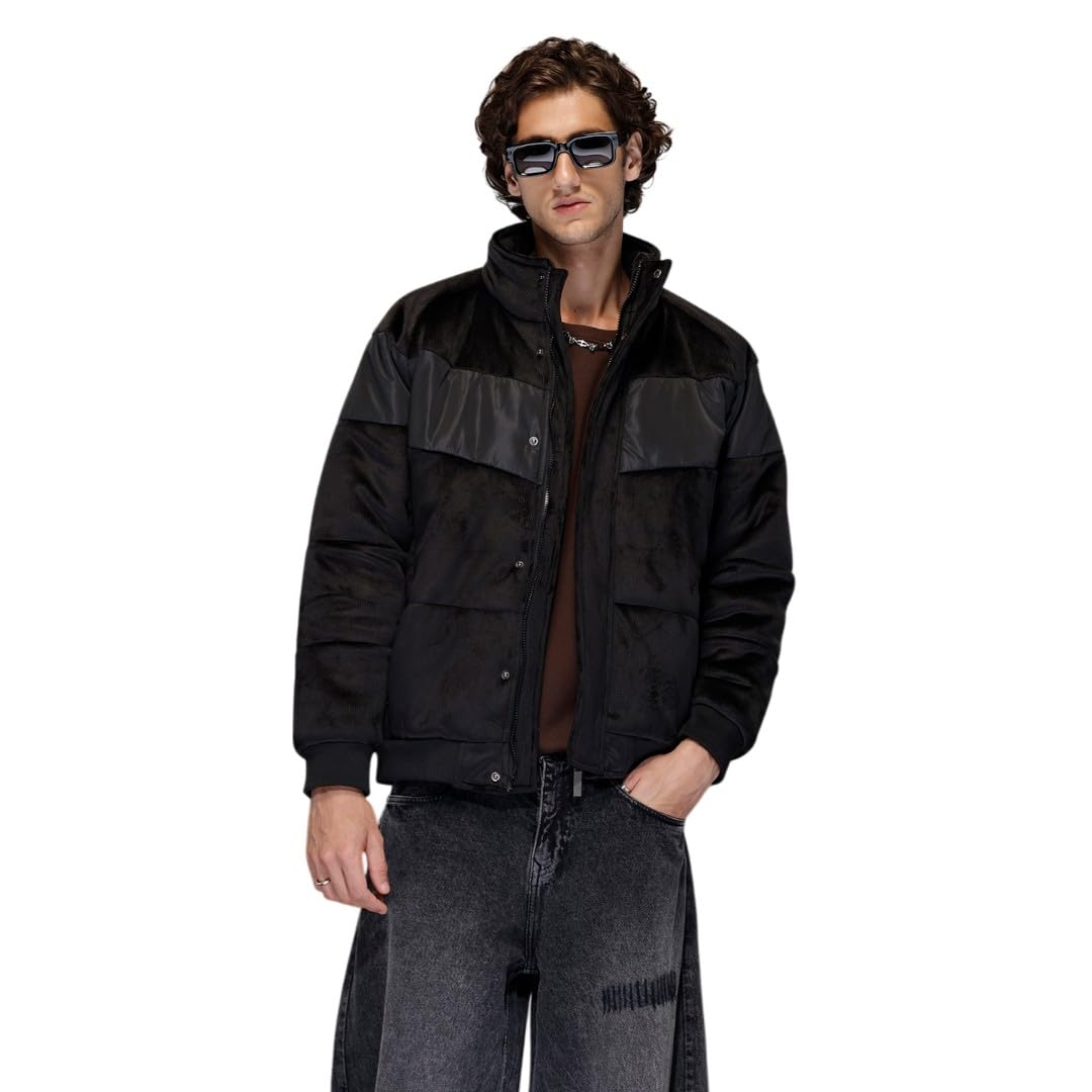 WROGN Men's Corduroy Puffer Jacket | Contrast Panel | High-neck Design | Oversized Fit in neutral