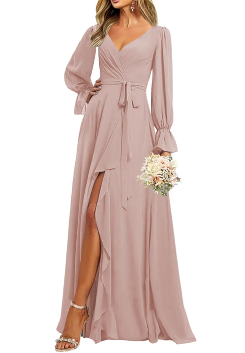 SAYNO Floor Length Homecoming Dresses for Teens Graduation Party Gowns Slit Red Carpet Gowns Backless HLSA313 Dusty Rose UK12