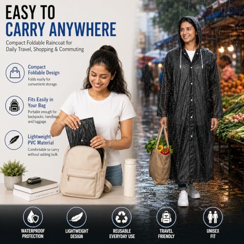 Image of OTOROYS Waterproof Long Rain Coat with Hood for Men, Women, Boys & Girls | Universal Full Length Reusable PVC Raincoat | Lightweight Portable Rain Ware for Bike Riding, Travel & Outdoor, Black