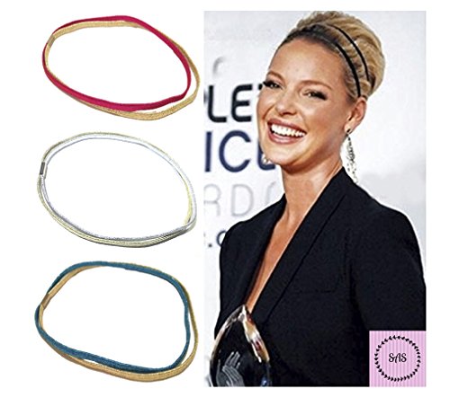 3 Pack Shimmer Anna Shine Fashion Blue/Gold, Silver/Gold, Pink/Gold, Women and Teen Glitter Elastic Double Hooped Headband