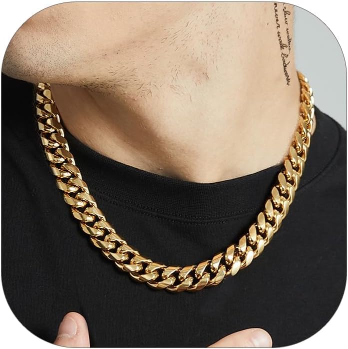 ChainsHouse Miami Cuban Link Chain Necklace for Men, 4.8mm/6mm/10mm/14mm Width, 14K Gold Plated/Stainless Steel/Black Mens Chunky Hip Hop Necklace Curb Chains, 14"-30" Length, Come Gift Box