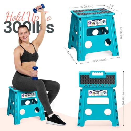 Image of Delxo Folding Step Stool, 13 inch Non-Slip Foldable Stools Up to 300 LBS, Step Stool with Handle, Lightweight for Kitchen, Bathroom, Bedroom, Garden Stepping Stool with Dotted Blue 1 PC