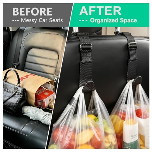 Image of Amooca 4 Pack Anti-drop Headrest Hooks Adjustable Car Seat Organizer | Universal Fit, Hanger for Backpack Umbrella Water Bottle Coat Purses Handbags Groceries, 40lb Heavy Duty, Black Carbon Fiber
