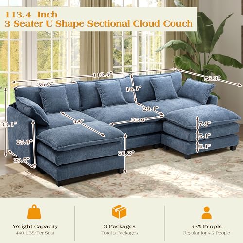 Image of 113.4 inch Modular Sectional Sofa,Cloud Couch for Living Room, Modern Deep Seat Sofa 3 Seater Chenille Fabric Comfy Couches with Throw Pillows & Ottoman for Apartment