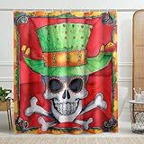 Totenkopf-Duschvorhang, Karneval, rot-grünes Skelett-Duschvorhang für Badezimmer-Dekor, Halloween, Karneval, gruselig, wasserdicht, Stoff-Duschvorhang-Set mit Haken, 183 x 198 cm