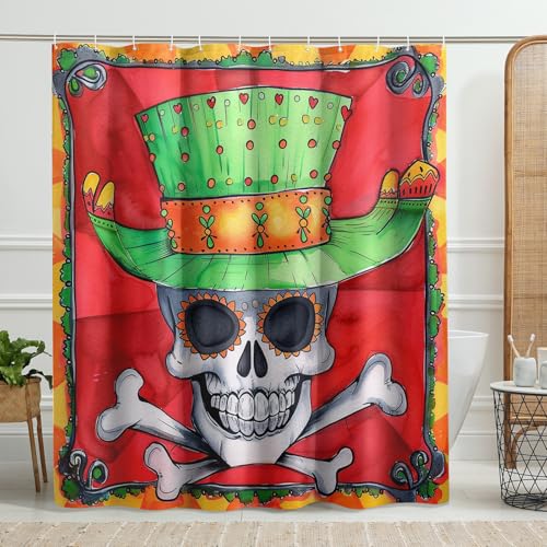Totenkopf-Duschvorhang, Karneval, rot-grünes Skelett-Duschvorhang für Badezimmer-Dekor, Halloween, Karneval, gruselig, wasserdicht, Stoff-Duschvorhang-Set mit Haken, 183 x 198 cm