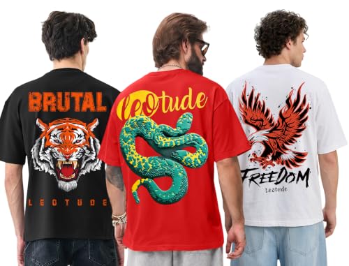 Image of LEOTUDE Men's Premium T-Shirt | 100% Pure Cotton Oversized Baggy Fit Drop Shoulder Cool Back Typographic Printed T-Shirt for Men (Color : Black)